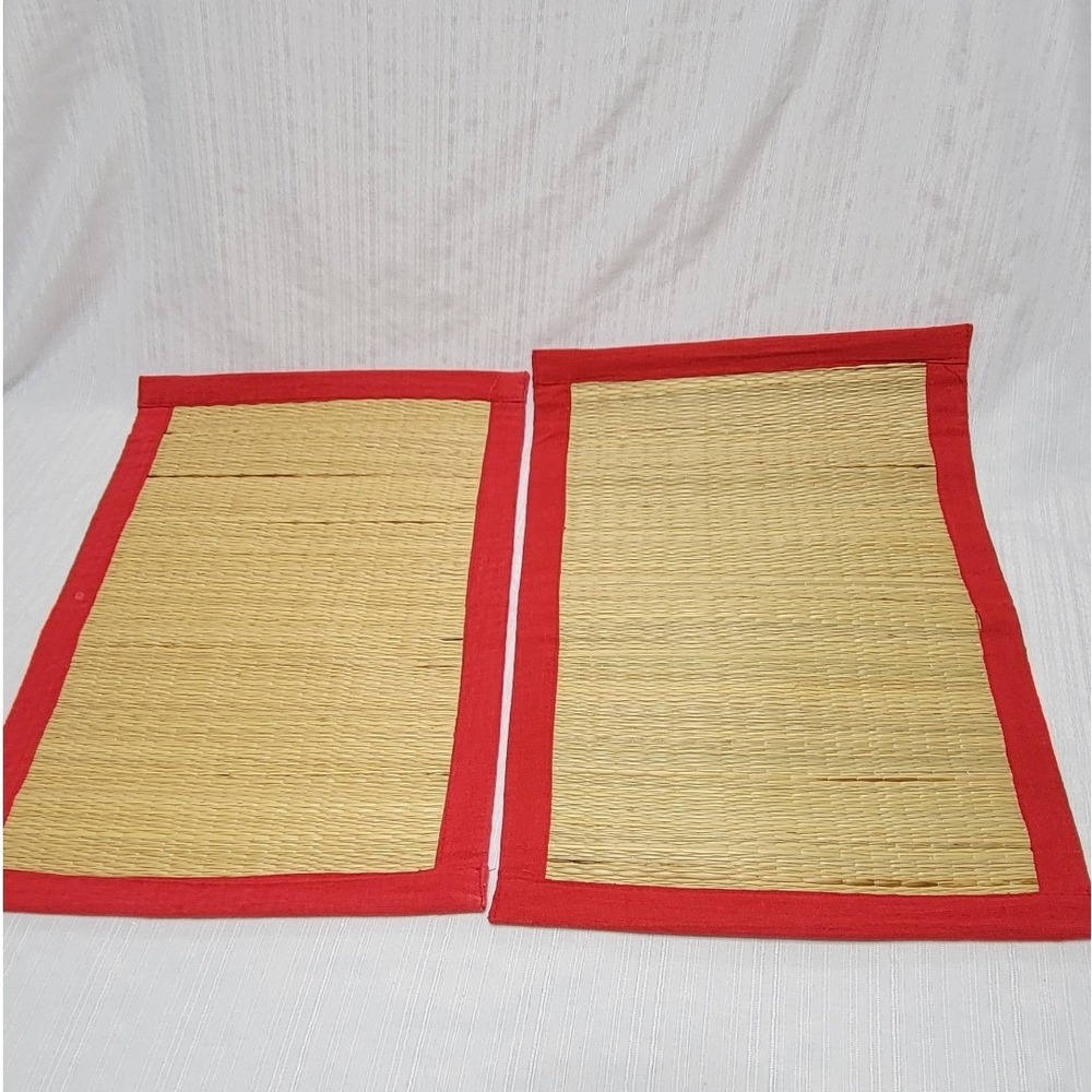 Vintage Woven Straw Placemats Set of 2 Red Fabric Border Natural Tan 18x12